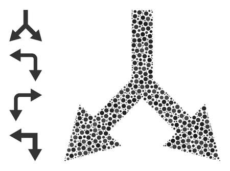 Round dot combination bifurcation arrow down. Vector mosaic is based on bifurcation arrow down icon, and created with scattered round parts.のイラスト素材