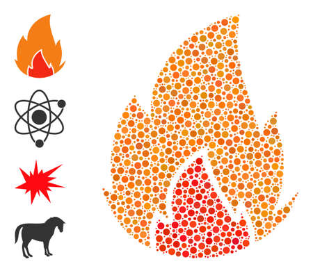 Circle mosaic fire. Vector collage is based on fire icon, and done with random circle elements. Vector icon of fire combined with random circle elements.のイラスト素材