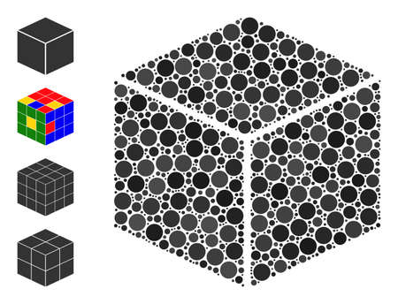 Rounded dot collage cube. Vector collage is based on cube icon, and designed with scattered round items. Vector icon of cube designed with irregular spheric items.のイラスト素材