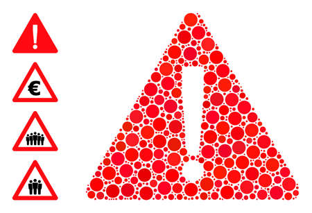 Round dot mosaic warning. Vector collage is based on warning symbol, and organized of scattered round dots. Vector icon of warning designed of randomized spheric dots.のイラスト素材