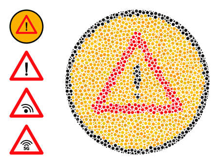 Circle mosaic warning sign. Vector mosaic is based on warning sign icon, and made from randomized round parts. Vector icon of warning sign organized with randomized round dots.のイラスト素材