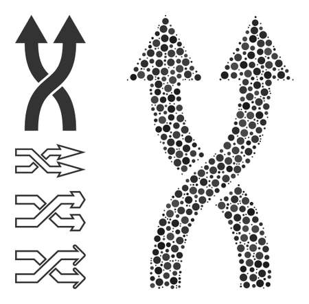 Round dot composition shuffle arrows up. Vector collage is based on shuffle arrows up icon, and organized of randomized round spots. Vector icon of shuffle arrows up combined of irregular circle dots.のイラスト素材