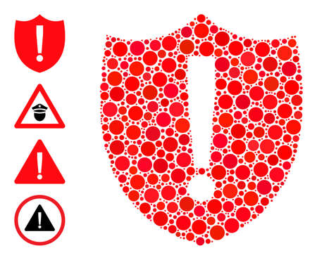Rounded dot mosaic shield warning. Vector mosaic is based on shield warning icon, and created of random spheric items. Vector icon of shield warning composed of random spheric points.のイラスト素材