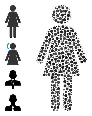Circle collage woman. Vector collage is based on woman icon, and created from randomized circle parts. Vector icon of woman created with randomized circle dots.のイラスト素材