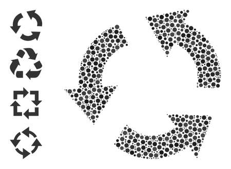 Round dot collage recycle. Vector collage is based on recycle symbol, and constructed of scattered circle parts. Vector icon of recycle composed of randomized round elements.のイラスト素材