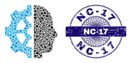 Geometric collage cyborg gear, and Nc-17 scratched seal. Violet stamp seal contains Nc-17 title inside circle shape. Vector cyborg gear collage is done with different spheric, triangle, square items.のイラスト素材