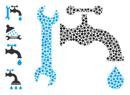 Rounded dot collage plumbing. Vector mosaic is based on plumbing icon, and constructed of randomized round parts. Vector icon of plumbing constructed of irregular round dots.のイラスト素材
