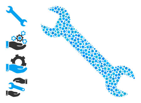 Circle composition wrench. Vector mosaic is based on wrench icon, and organized of random circle spots. Vector icon of wrench created of scattered circle pixels.のイラスト素材