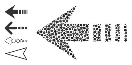 Round dot collage send left. Vector collage is based on send left symbol, and made of scattered circle dots. Vector icon of send left constructed of scattered spheric dots.のイラスト素材