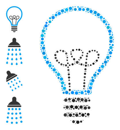 Round dot mosaic lamp bulb. Vector collage is based on lamp bulb icon, and composed of scattered round elements. Vector icon of lamp bulb composed with randomized spheric pixels.のイラスト素材