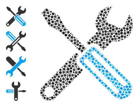 Round dot collage options. Vector collage is based on options icon, and created with scattered round parts. Vector icon of options created of scattered circle items.のイラスト素材