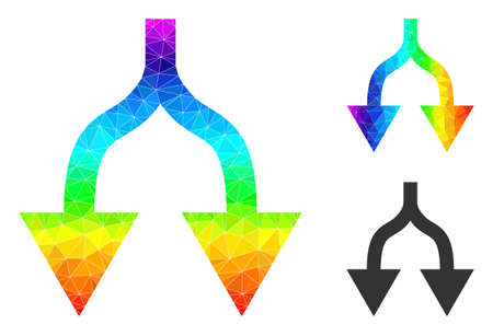 lowpoly split arrows down icon with spectral colorful. Spectral colorful polygonal split arrows down vector is constructed with chaotic colored triangles.のイラスト素材