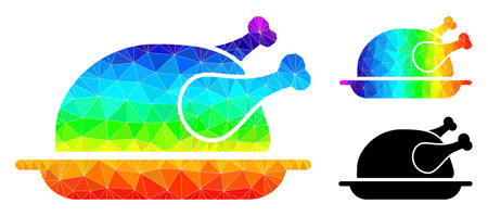 Low-poly fried chicken dish icon with spectrum vibrant. Spectrum vibrant polygonal fried chicken dish vector is designed from randomized colorful triangles.のイラスト素材