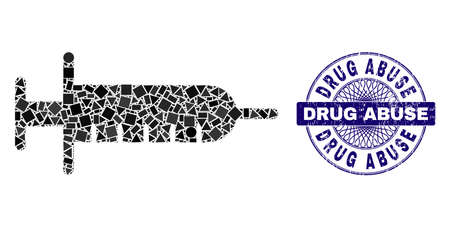 Geometric mosaic syringe, and Drug Abuse grunge seal print. Violet seal contains Drug Abuse title inside circle shape. Vector syringe mosaic is created of scattered circle, triangle, rectangle dots.のイラスト素材