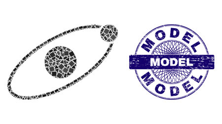 Geometric mosaic orbit, and Model unclean seal print. Violet seal includes Model text inside circle shape. Vector orbit mosaic is constructed from different circle, triangle, square elements.のイラスト素材
