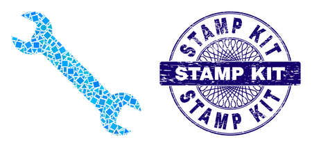Geometric collage wrench, and Stamp Kit rubber stamp seal. Violet stamp seal has Stamp Kit title inside round form. Vector wrench collage is organized from different circle, triangle, rectangle items.のイラスト素材