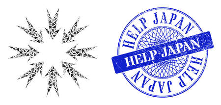 Pressure arrows collage of triangle items, and Help Japan grunge seal imitation. Blue stamp seal contains Help Japan text inside round form.のイラスト素材