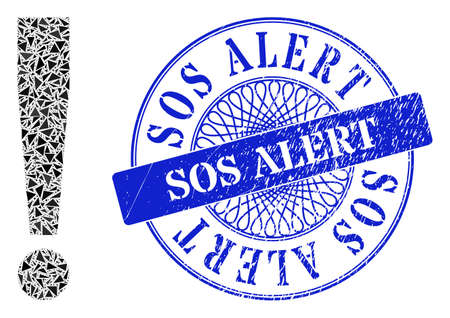 Exclamation sign collage of triangle particles, and Sos Alert textured stamp seal. Blue stamp seal includes Sos Alert text inside round form.のイラスト素材