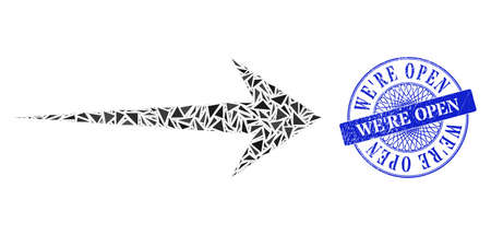 Arrow right collage of triangle particles, and WeRe Open corroded seal print. Blue stamp seal has WeRe Open text inside round shape. Vector arrow right collage is formed of scattered triangle dots.のイラスト素材