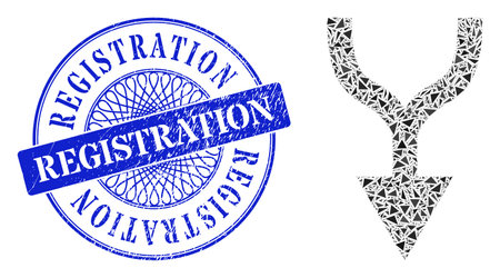 Combine arrow down collage of triangle, and Registration unclean stamp. Blue stamp contains Registration tag inside circle form.のイラスト素材