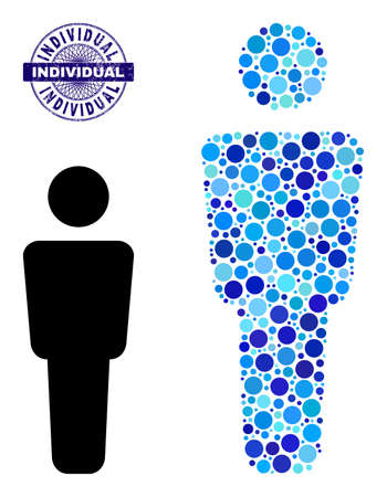 Circle mosaic man alone icon and INDIVIDUAL round corroded stamp print. Blue stamp includes INDIVIDUAL caption inside circle and guilloche technique. Vector mosaic is based on man alone icon,のイラスト素材