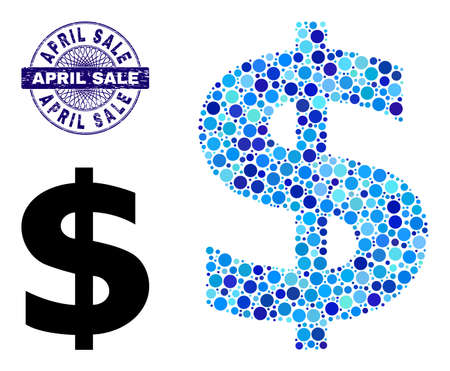 Circle collage dollar symbol icon and APRIL SALE round grunge stamp imitation. Blue stamp includes APRIL SALE title inside circle and guilloche technique. Vector mosaic is based on dollar symbol icon,のイラスト素材
