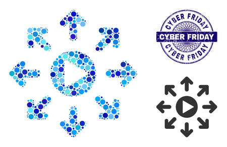 Circle mosaic viral marketing icon and CYBER FRIDAY round rubber stamp seal. Violet stamp includes CYBER FRIDAY title inside circle and guilloche structure.のイラスト素材