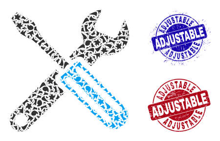 Round ADJUSTABLE rough stamp seals with word inside round forms, and fragment mosaic options icon. Blue and red stamps includes ADJUSTABLE title. Options mosaic icon of fragment items.のイラスト素材