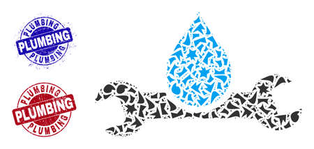Round PLUMBING rubber prints with caption inside round shapes, and shard mosaic plumbing icon. Blue and red stamps includes PLUMBING caption. Plumbing mosaic icon of fragment particles.のイラスト素材