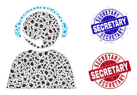 Round SECRETARY rubber stamp imitations with text inside circle shapes, and shard mosaic call center operator icon. Blue and red stamp seals includes SECRETARY text.のイラスト素材