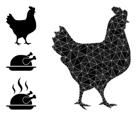 Low-poly walking chicken icon, and other icons. Polygonal walking chicken vector filled of scattered...