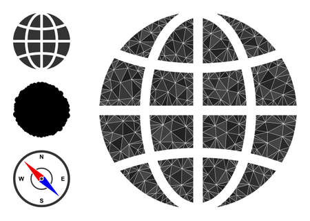 Low-poly globe icon, and bonus icons. Polygonal globe vector designed from chaotic triangles. Flat geometric polygonal illustration created from globe icon.のイラスト素材