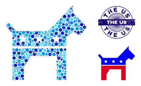 Circle mosaic american dog icon and THE US round scratched stamp seal. Blue stamp seal includes THE US caption inside circle and guilloche technique. Vector collage is based on american dog symbol,のイラスト素材
