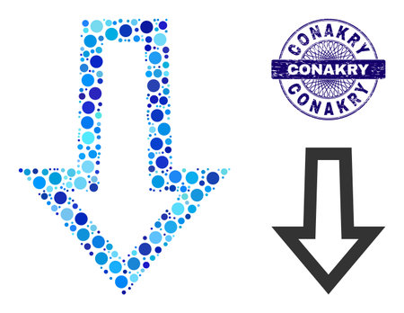 Round dot collage arrow down icon and CONAKRY round grunge stamp seal. Violet stamp includes CONAKRY tag inside circle and guilloche decoration. Vector mosaic is based on arrow down icon,のイラスト素材