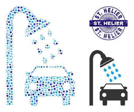 Circle collage car shower icon and ST. HELIER round scratched stamp print. Blue seal includes ST. HELIER caption inside circle and guilloche ornament. Vector collage is based on car shower icon,のイラスト素材