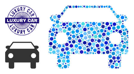 Round dot collage car icon and LUXURY CAR round unclean stamp seal. Violet seal includes LUXURY CAR text inside circle and guilloche style. Vector collage is based on car icon,のイラスト素材