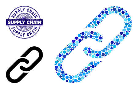 Round dot collage chain icon and SUPPLY CHAIN round scratched watermark. Blue stamp seal includes SUPPLY CHAIN text inside circle and guilloche decoration. Vector collage is based on chain icon,のイラスト素材