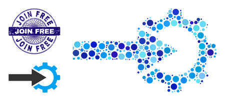 Round dot combination cog integration icon and JOIN FREE round dirty stamp seal. Blue stamp includes JOIN FREE title inside circle and guilloche technique.のイラスト素材