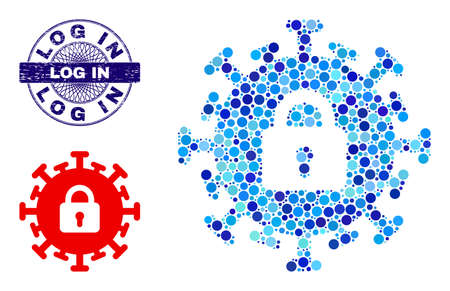 Round dot collage contagious lockdown icon and LOG IN round unclean seal. Blue seal includes LOG IN caption inside circle and guilloche technique. Vector collage is based on contagious lockdown icon,のイラスト素材