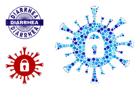 Round dot collage coronavirus lockdown icon and DIARRHEA round scratched watermark. Blue stamp includes DIARRHEA tag inside circle and guilloche structure.のイラスト素材
