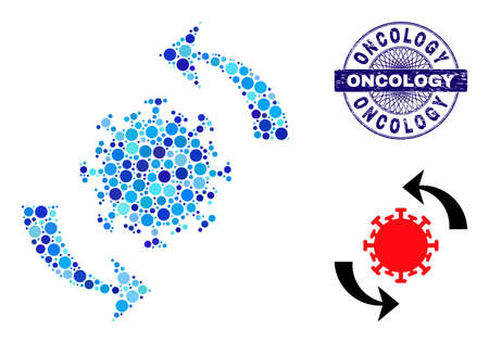Circle composition coronavirus update icon and ONCOLOGY round corroded stamp seal. Blue stamp seal includes ONCOLOGY text inside circle and guilloche ornament.のイラスト素材