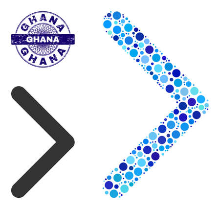 Round dot collage direction right icon and GHANA round dirty stamp print. Blue stamp includes GHANA caption inside circle and guilloche pattern. Vector mosaic is based on direction right icon,のイラスト素材