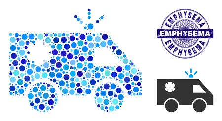 Round dot composition emergency car icon and EMPHYSEMA round dirty stamp seal. Blue seal includes EMPHYSEMA text inside circle and guilloche style. Vector mosaic is based on emergency car icon,のイラスト素材