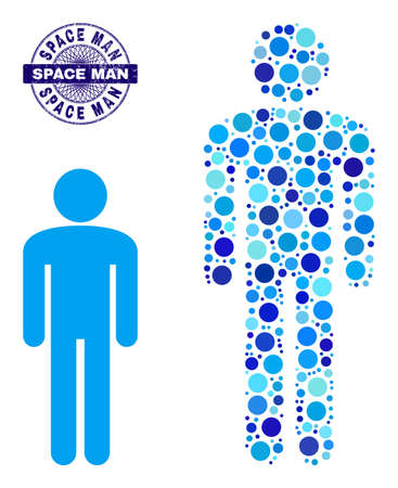 Round dot collage man icon and SPACE MAN round rubber stamp seal. Violet stamp seal includes SPACE MAN title inside circle and guilloche decoration. Vector collage is based on man icon,のイラスト素材