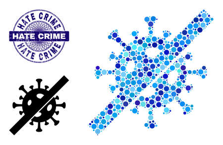 Round dot mosaic no flu virus icon and HATE CRIME round textured stamp print. Blue stamp includes HATE CRIME text inside circle and guilloche structure. Vector collage is based on no flu virus iconのイラスト素材