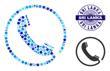 Round dot combination phone icon and SRI LANKA round unclean stamp print. Blue stamp seal includes SRI LANKA tag inside circle and guilloche style. Vector mosaic is based on phone iconのイラスト素材
