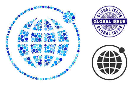Circle mosaic planet orbit icon and GLOBAL ISSUE round scratched seal. Blue seal includes GLOBAL ISSUE title inside circle and guilloche structure. Vector mosaic is based on planet orbit iconのイラスト素材