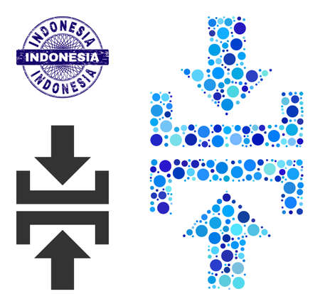 Circle collage press vertical direction icon and INDONESIA round dirty stamp imitation. Blue seal includes INDONESIA text inside circle and guilloche pattern.のイラスト素材