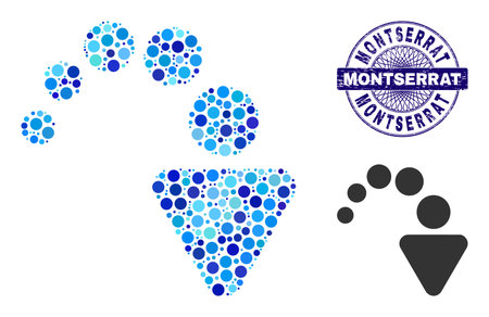 Circle mosaic redo icon and MONTSERRAT round rubber stamp imitation. Blue stamp includes MONTSERRAT text inside circle and guilloche technique. Vector collage is based on redo iconのイラスト素材