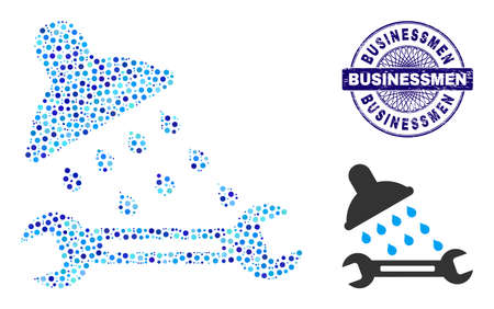 Circle mosaic shower plumbing icon and BUSINESSMEN round scratched stamp seal. Blue stamp includes BUSINESSMEN title inside circle and guilloche style. Vector mosaic is based on shower plumbing icon,のイラスト素材